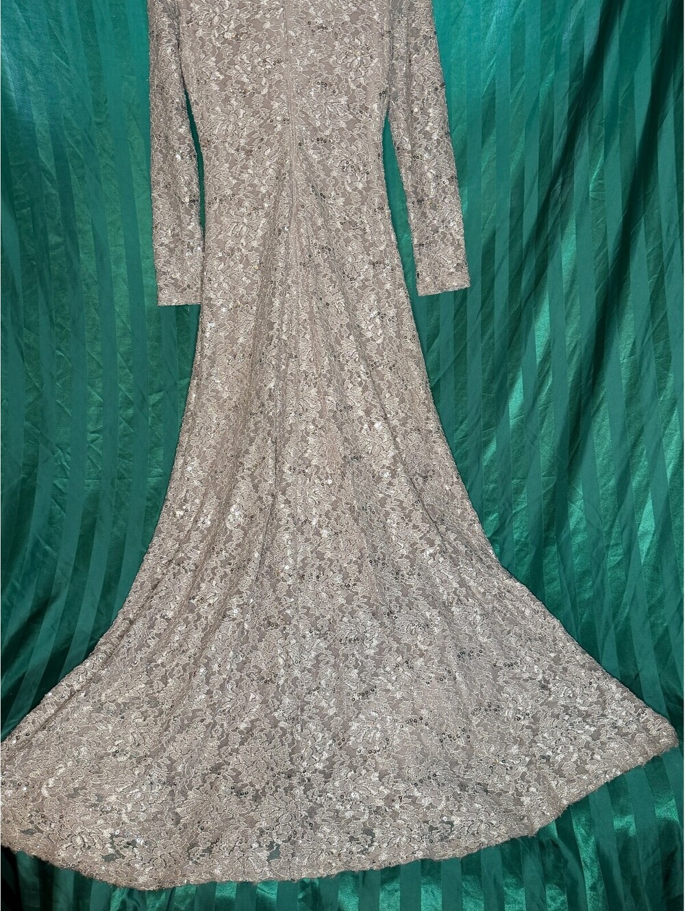 Tahari Arthur S. Levine Beige Sequin Lace Evening Gown Womens Size 4 V-Neck - Picture 6 of 7